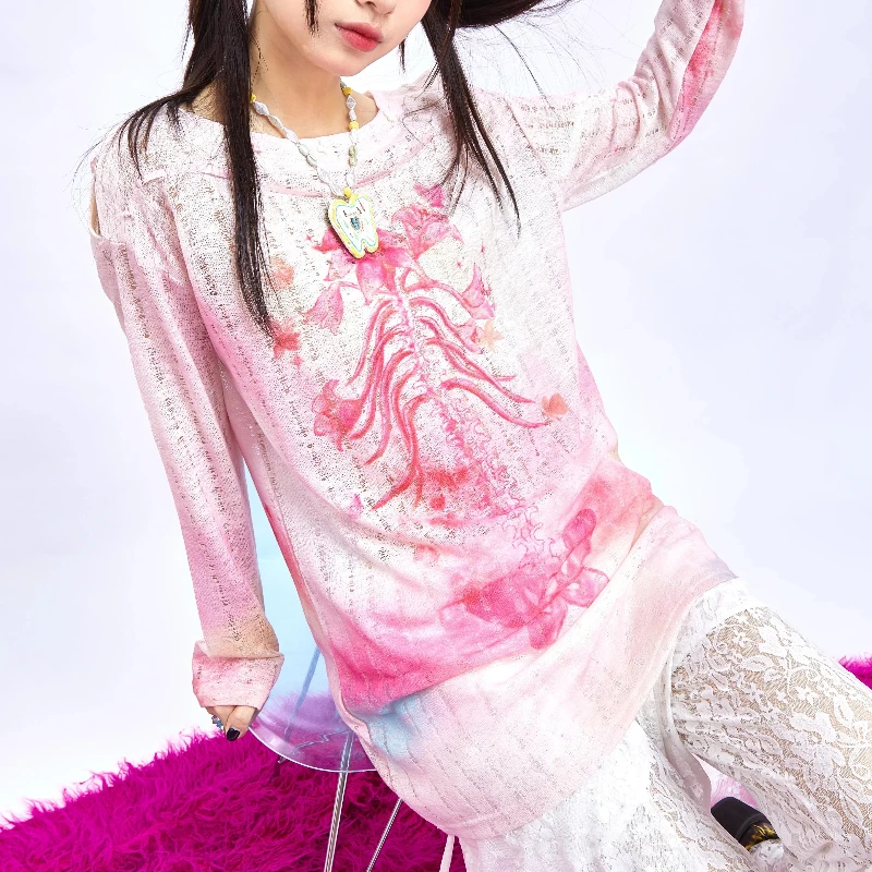 Nouveaux vêtements pour femmes rose fleur col rond Pullpvers impression 2025 printemps automne à manches longues polyvalent mince tricoté pull fille