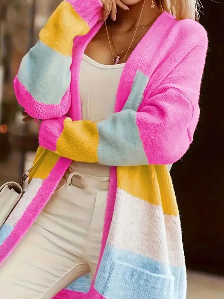 

Colorful Striped Loose Knitted Cardigan Autumn Winter Thick Long Sleeved Women's Sweater Casual Streetwear Warm Sweater Jackets