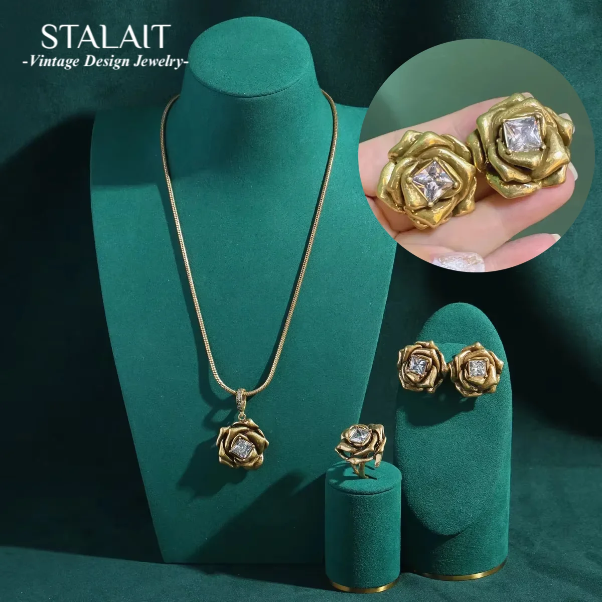 

2024 Romantic French Vintage Jewelry Sets Copper Rose Flower Pendant Necklace Square Cubic Zircon Snake Chain Women Accessories