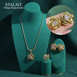 2024 Romantic French Vintage Jewelry Sets Copper Rose Flower Pendant Necklace Square Cubic Zircon Snake Chain Women Accessories