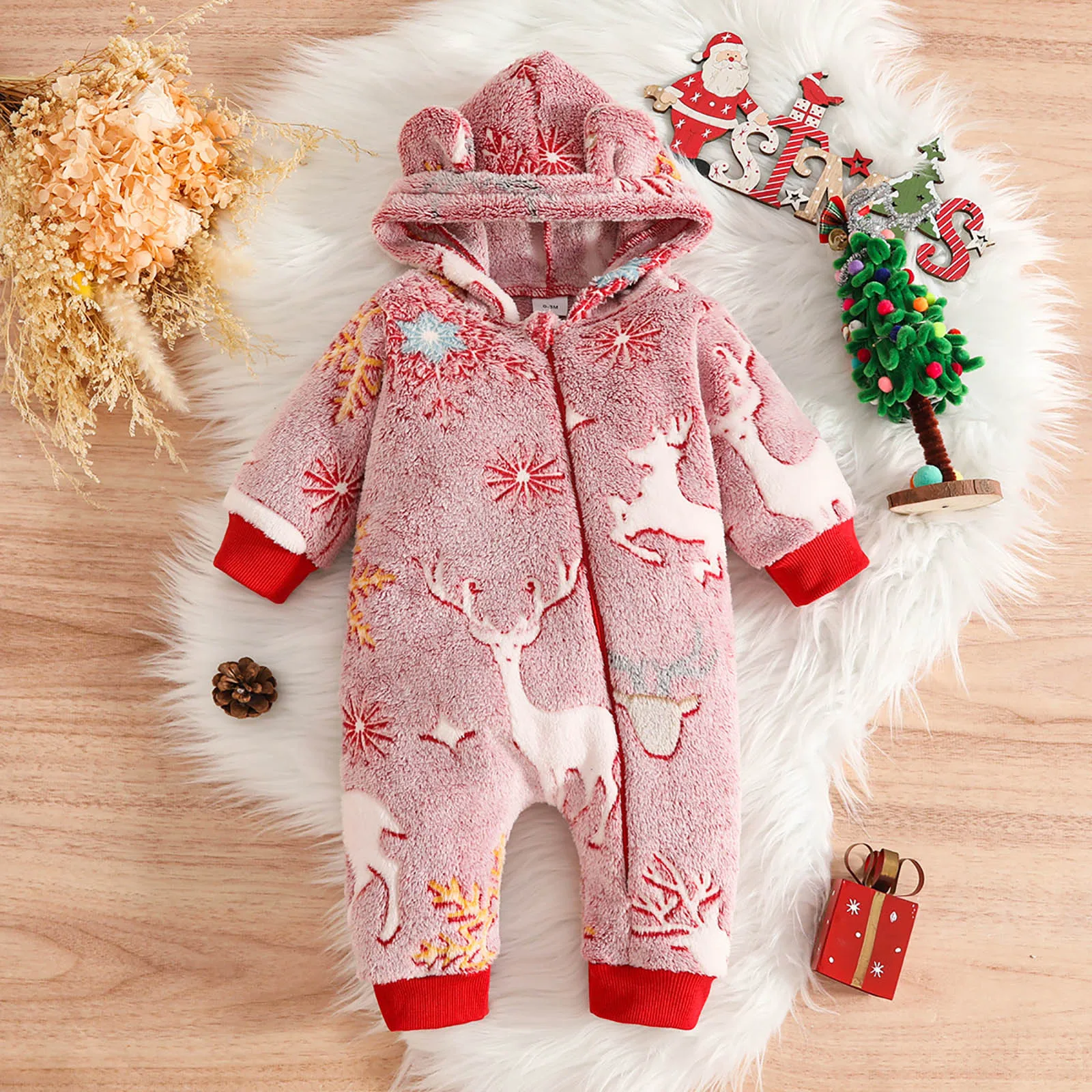 

Newborn Baby Christmas Jumpsuits Toddler Romper Infant Hooded Fleece Rompers Long Sleeve Thick Fleece Babies Girls Clothes