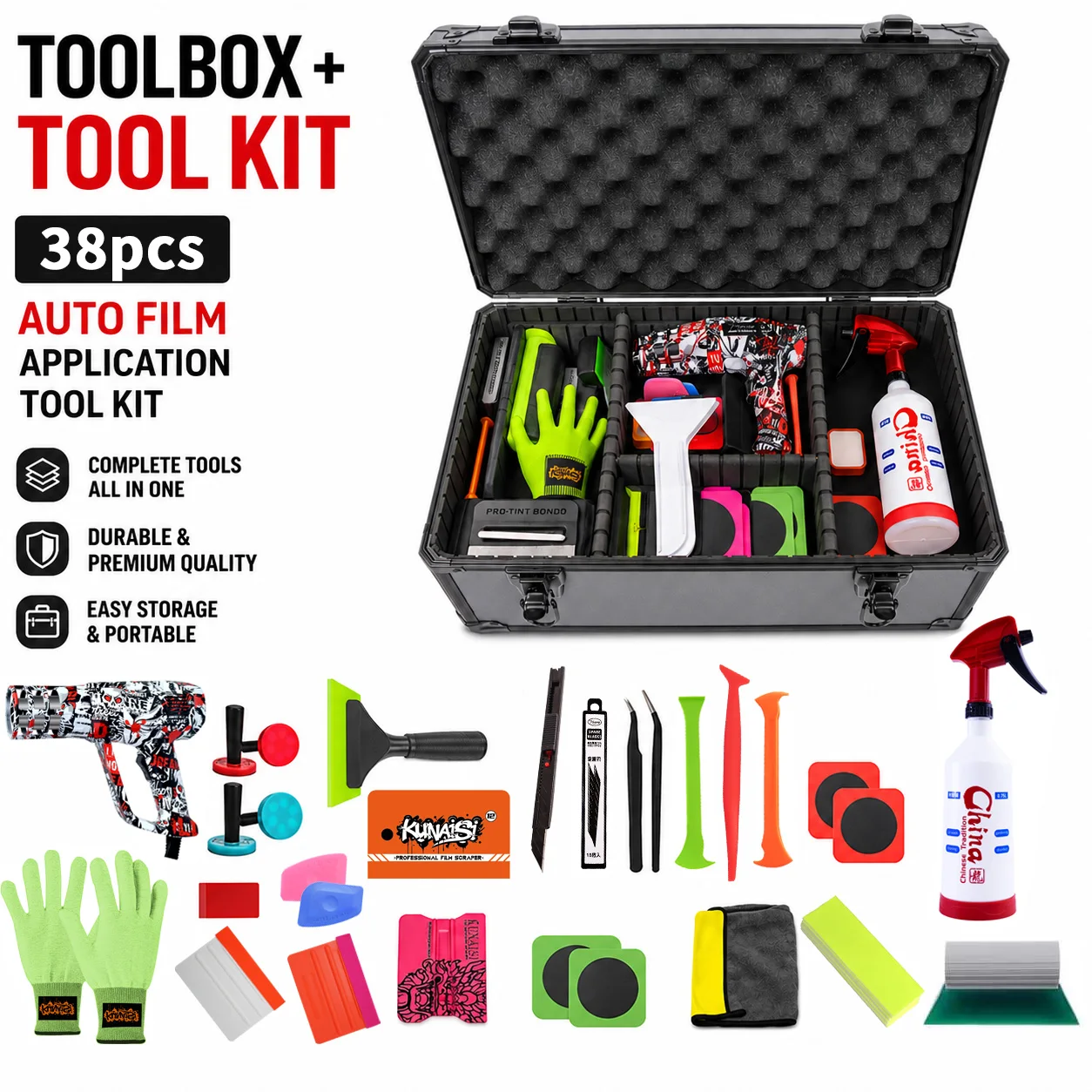 38Pcs Auto Film Tool Kit Box, Car Window Tinting Tools Set with Heat Gun Squeegee/Scraper/PPF Vinyl Wrap Application Accessories