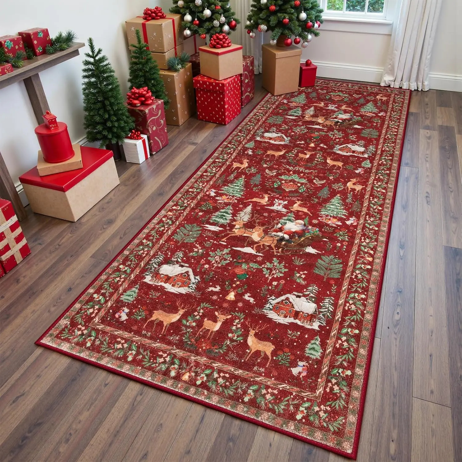 

Red Rug for Hallways, Bathroom - Non Slip,Washable - Soft Christmas Tree Santa Claus Carpet for Entryway,Bedside - Holiday Decor