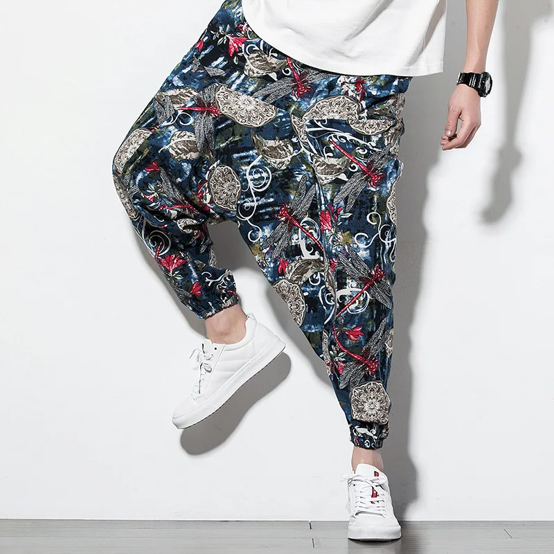Cotton Linen Harem Pants Men Elastic Waist Streetwear Floral Joggers 2025 New Baggy Drop-crotch Pants Casual Trousers Men