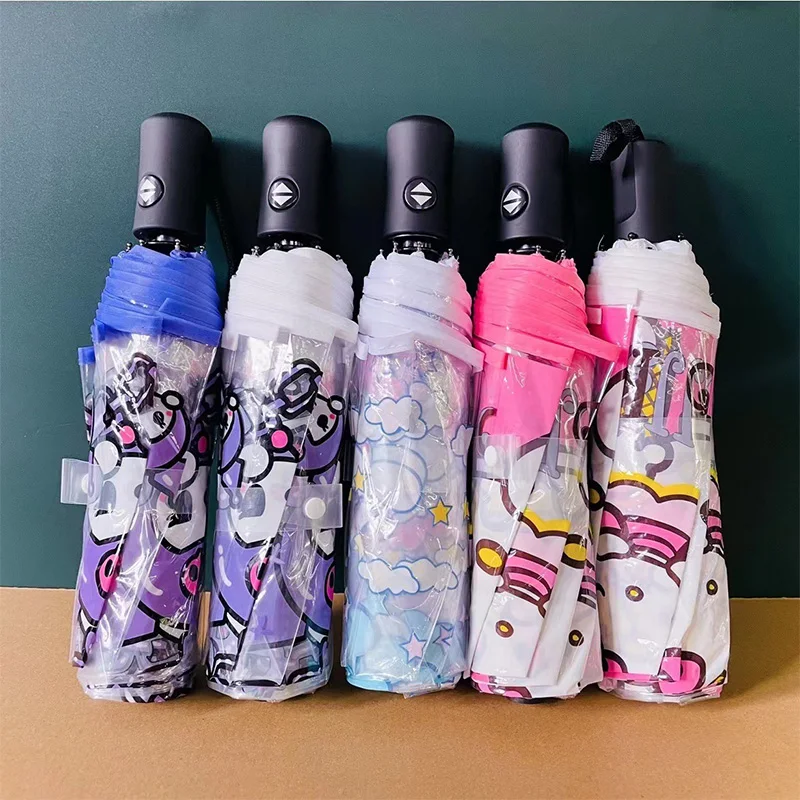 

Sanrio Hello Kitty Kuromi Kawaii Anime Transparent Folding Umbrella Cute Cartoon Kuromi Fully Automatic Shading Toys for Girls