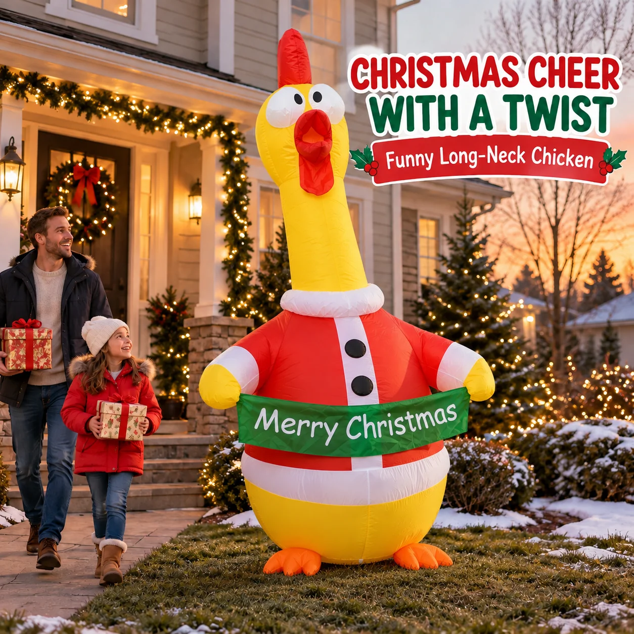 Christmas Inflatable Long Neck Chicken in Santa Suit 180cm LED Light Up Yard Decor with Merry Christmas Banner Outdoor Garden