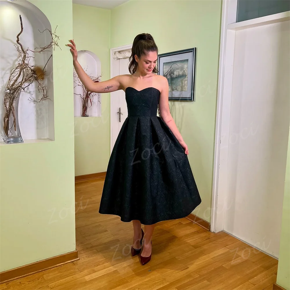 Zoci Sweetheart Printing Lace Black A Line Prom Dresses Customized Corset Evening Gowns Tea Length Formal Occasion Party Dress