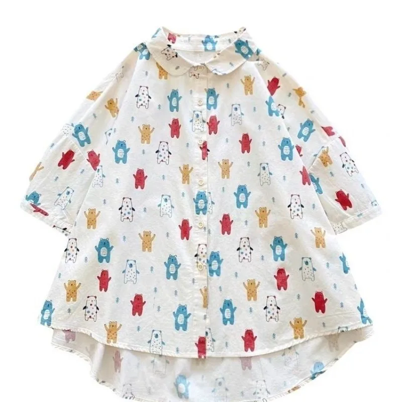 

Шикарная милая женская блузка с мультяшным принтом медведя, повседневная рубашка с воротником Питер Пэн и коротким рукавом, свободный крой, летний топ в японском стиле
