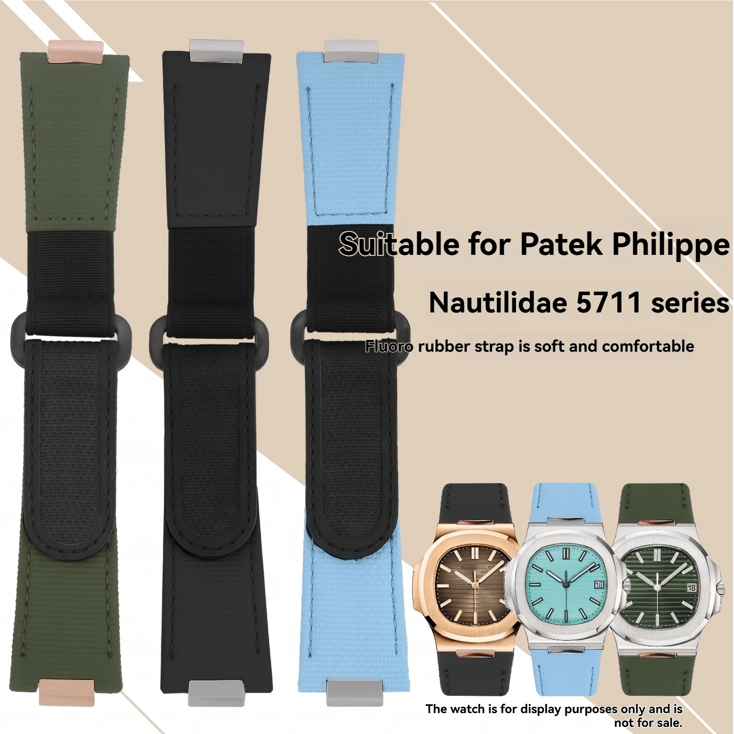 For Patek Philippe Nautilus 5711, 5712, 5726, 5980: FKM Fluorocarbon Rubber Strap with Custom Metal Buckle, 25 x 12.5 mm