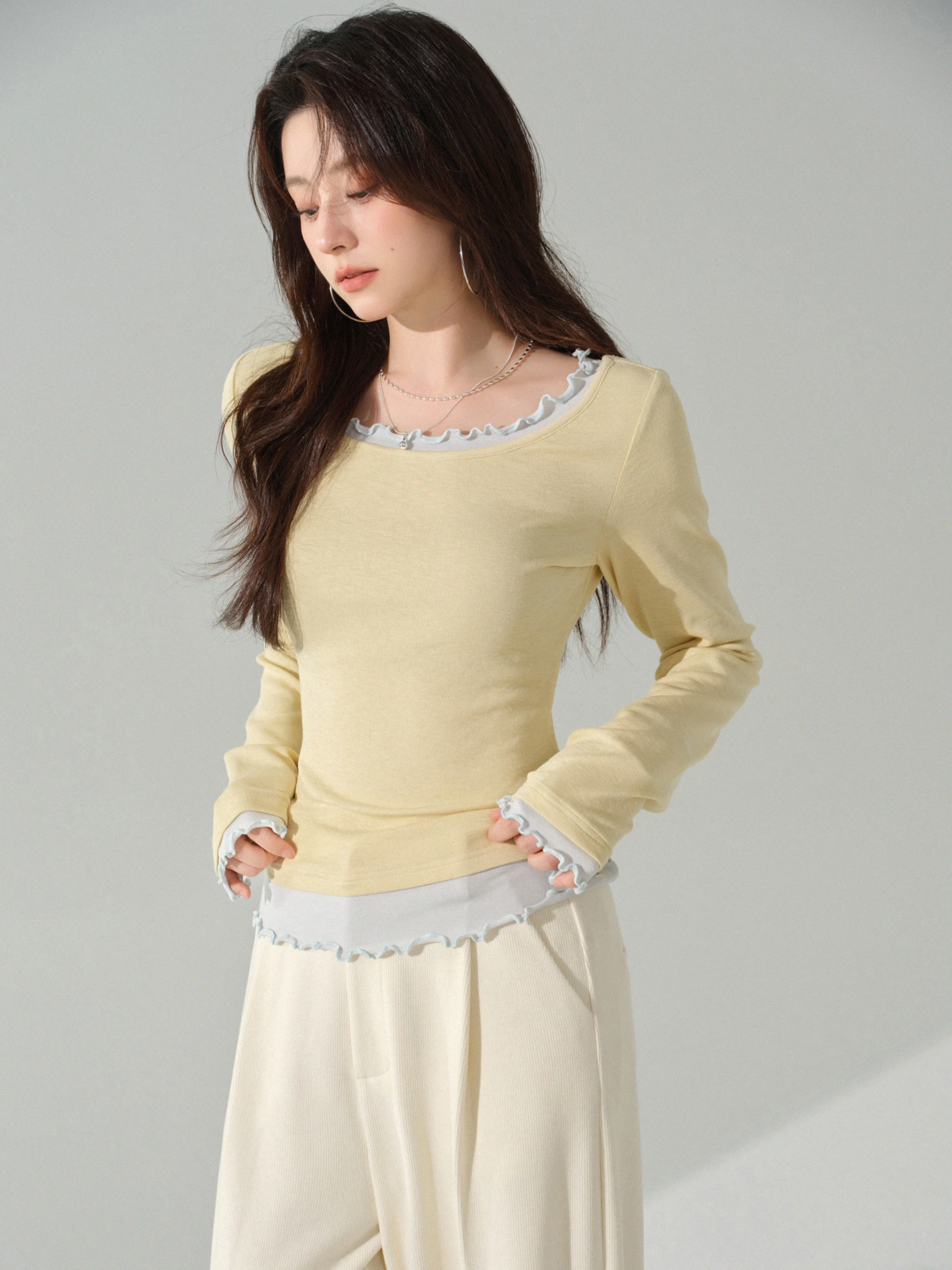 Elegante contraste guarnição em camadas manga longa camiseta feminina macio fino crewneck malha topo casual outono camada base blusa uso diário