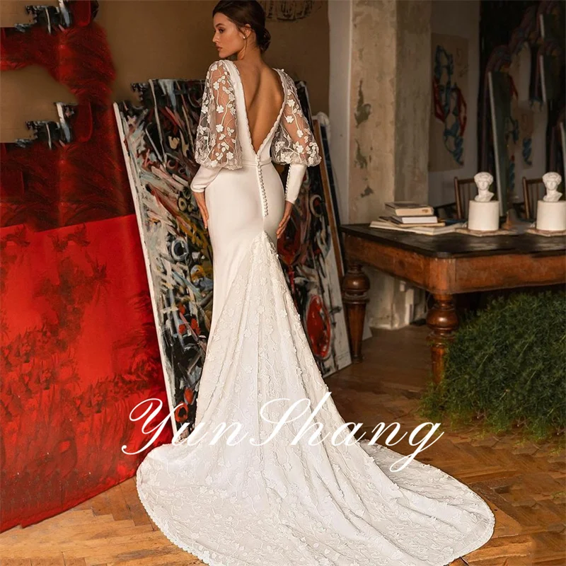 Yunshang Elegant Mermaid Wedding Dress Women Long Sleeve V-Neck Open Back Lace Applique Bridal Gown Sweep Train Vestido De Novia