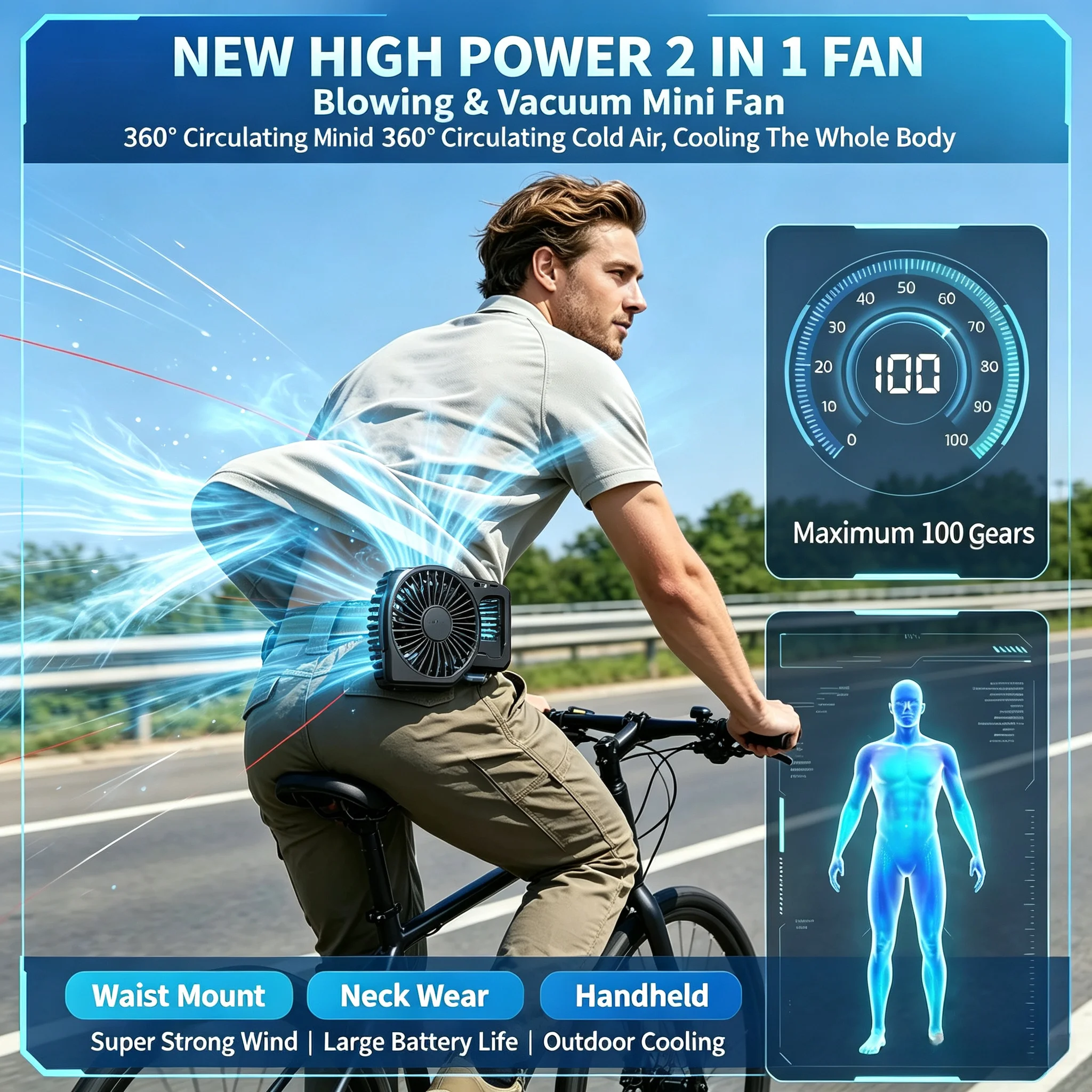2-in-1 Blowing Vacuum Mini Fan, Waist Mount Neck Wear Handheld Portable Cooling Fan