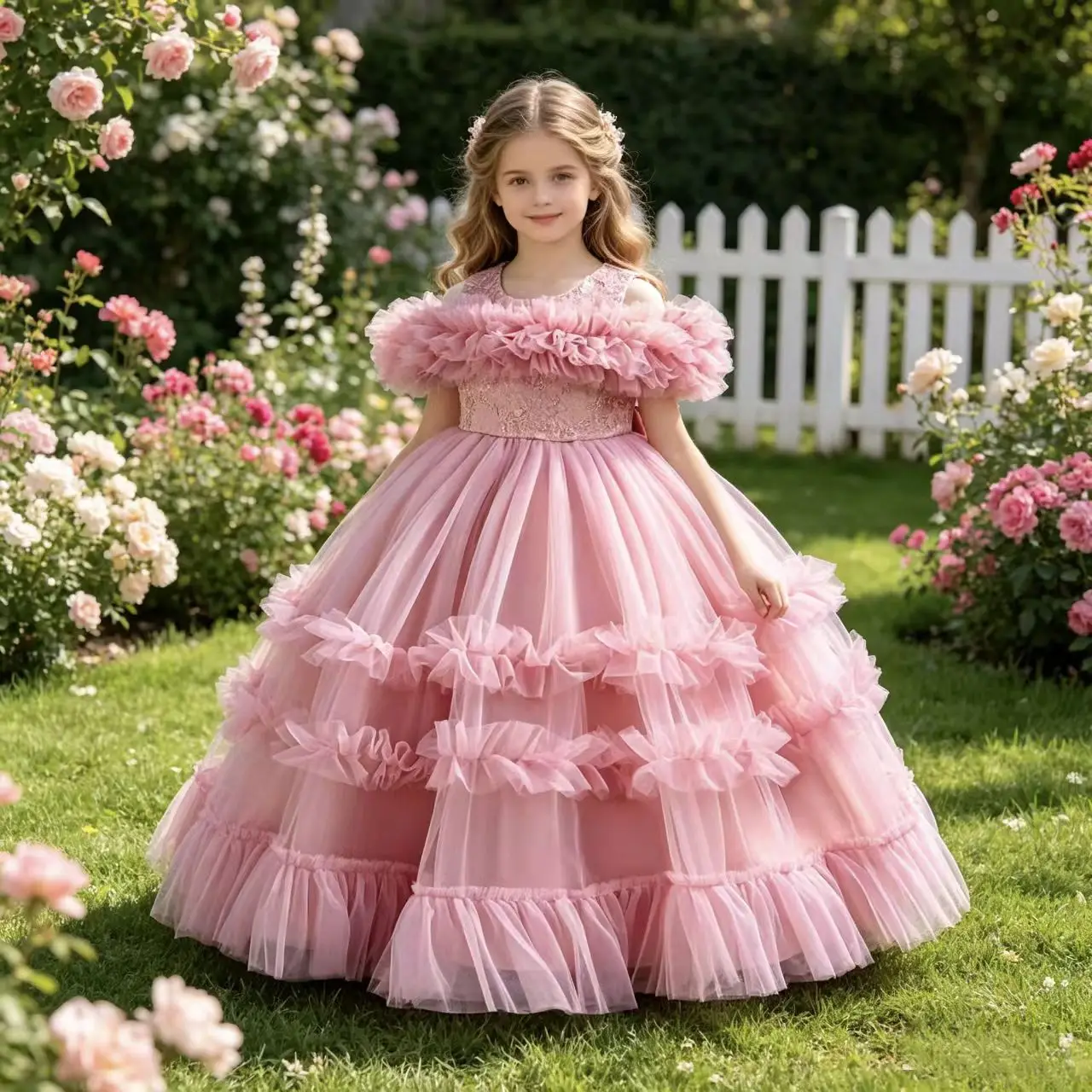2024 New 4-12 Year Old Robe Princess Dress Flower Girl Wedding Dress Fashionable Party Dress Lace Mesh Elegant Girls\' Clothing