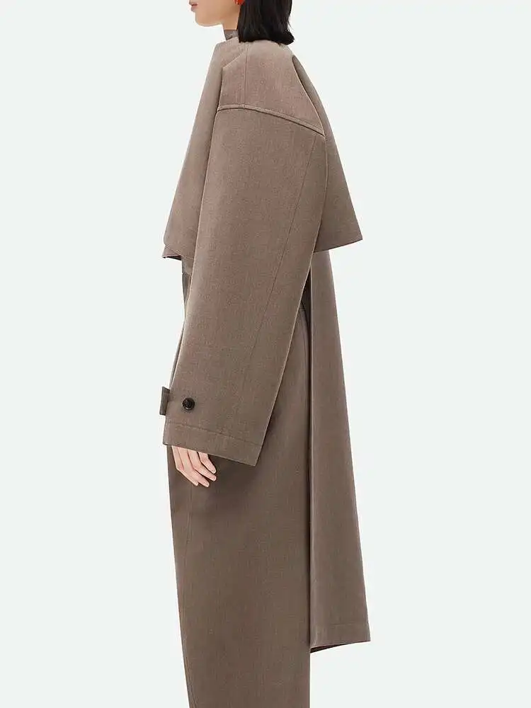 BJTZ Solid Patchwork ปุ่ม Chic เสื้อสําหรับผู้หญิงผ้าพันคอคอยาวแขนยาวไม่สมมาตรเสื้อแจ็คเก็ตสไตล์หญิง