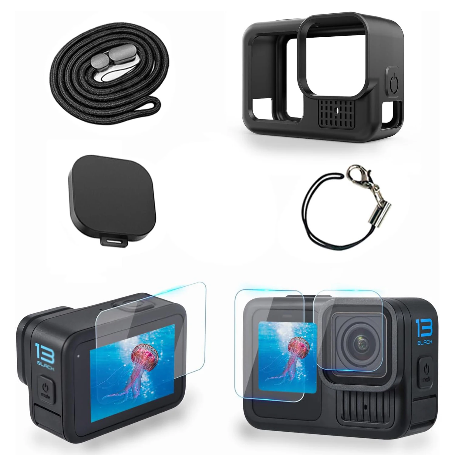 Schützende Silikonhülle für GoPro Hero 13, schwarzes gehärtetes Glas, Displayschutzfolie, Objektivdeckel, Abdeckung für Go Pro 13, Zubehör