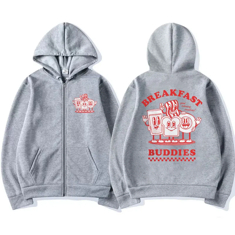Funny Breakfast Buddies Graphic Zip-up Hoodie Men Women Fall and Winter Fleece Sweatshirt Coat Couple Fashion Zipper Jacket Male