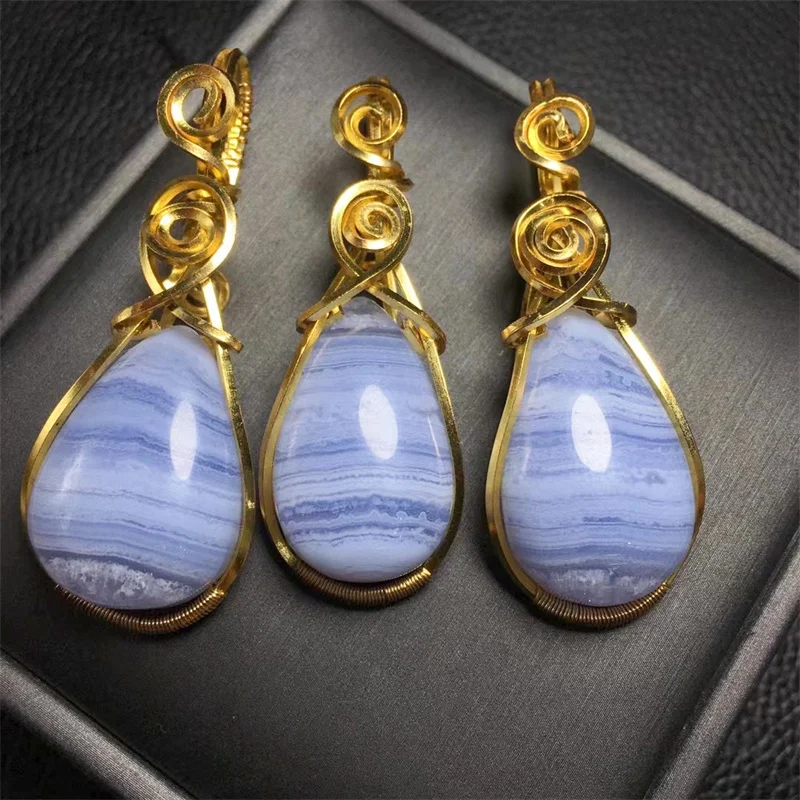 Natural Blue Lace Agate Copper Wire Wrapped Teardrop Pendant Handmade For Women Healing Fengshui Girlfriend Gift 1PCS