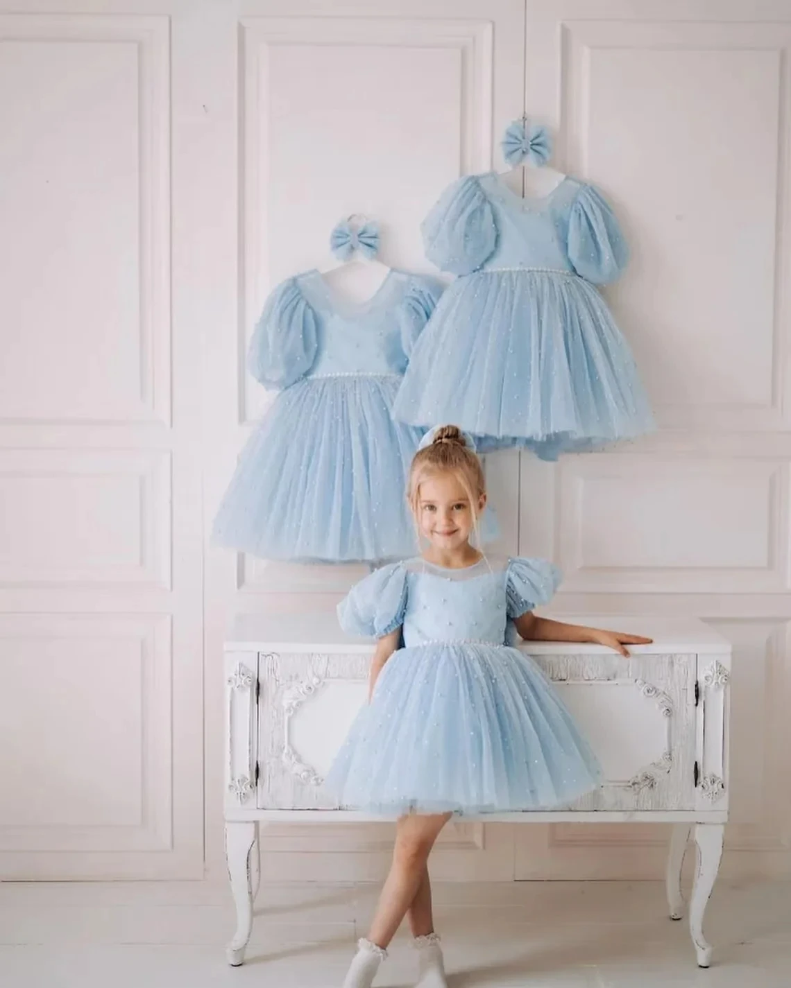 Blue Huge Bow Flower Girl Dresses Full Sleeves Lase Luxury Princess Pageant Dress For Birthday Party Gown First Holy Communion