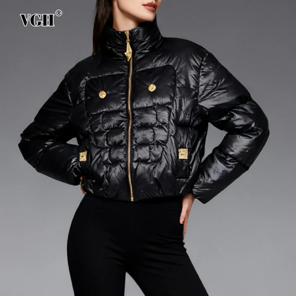 

VGH Winter Warm Slimming Short Down Jackets For Women Stand Collar Long Sleeve Spliced Zipper Designer Jacket Female Fashion New