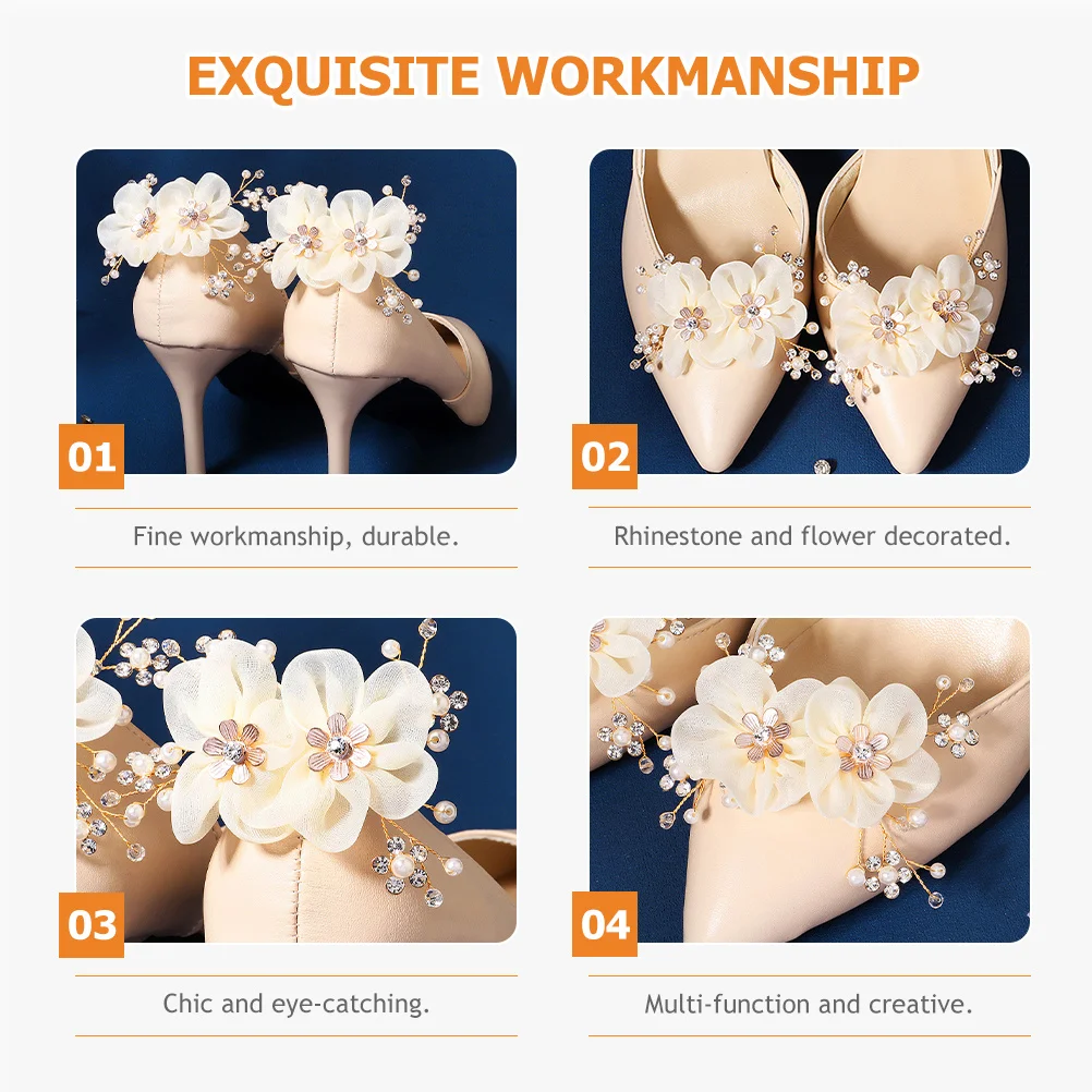 

2Pcs Pearl Shoe Clips Bridal Wedding Flower Clip Decorations Lace Rhinestone Shoe Accessories for Pumps Heel Party