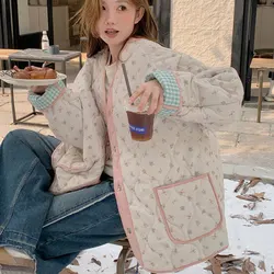 Fashion Sweet Floral Quilted Jacket Women Autumn Winter Loose Casual Single Breasted Coat Two-sided Wears Female Outwear Tops
