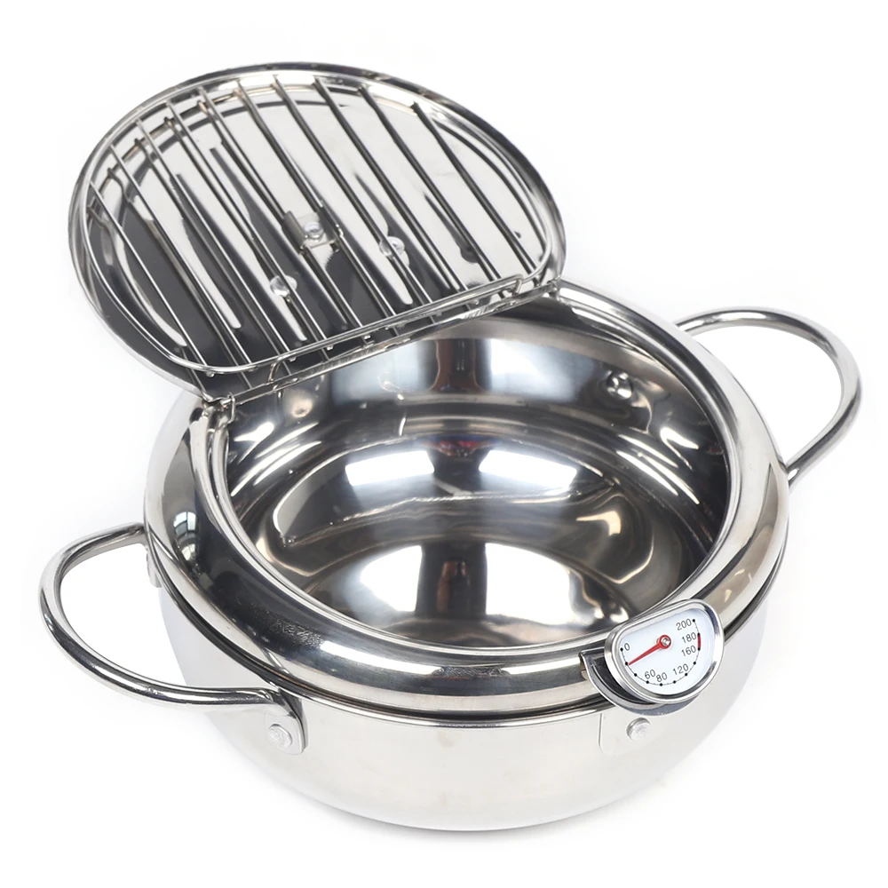 

Deep Frying Pan, Japanese Style Deep Fryer With Temperature Gauge, Lid And Oil Drip Rack, 304 Stainless Steel Fryer For Delicacy