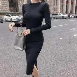 Women's Knit Sweater Dress Midi Bodycon Black Wrap Sexy Knitted One-piece Dresses for Women Autumn Winter 2025 Chic and Elegant