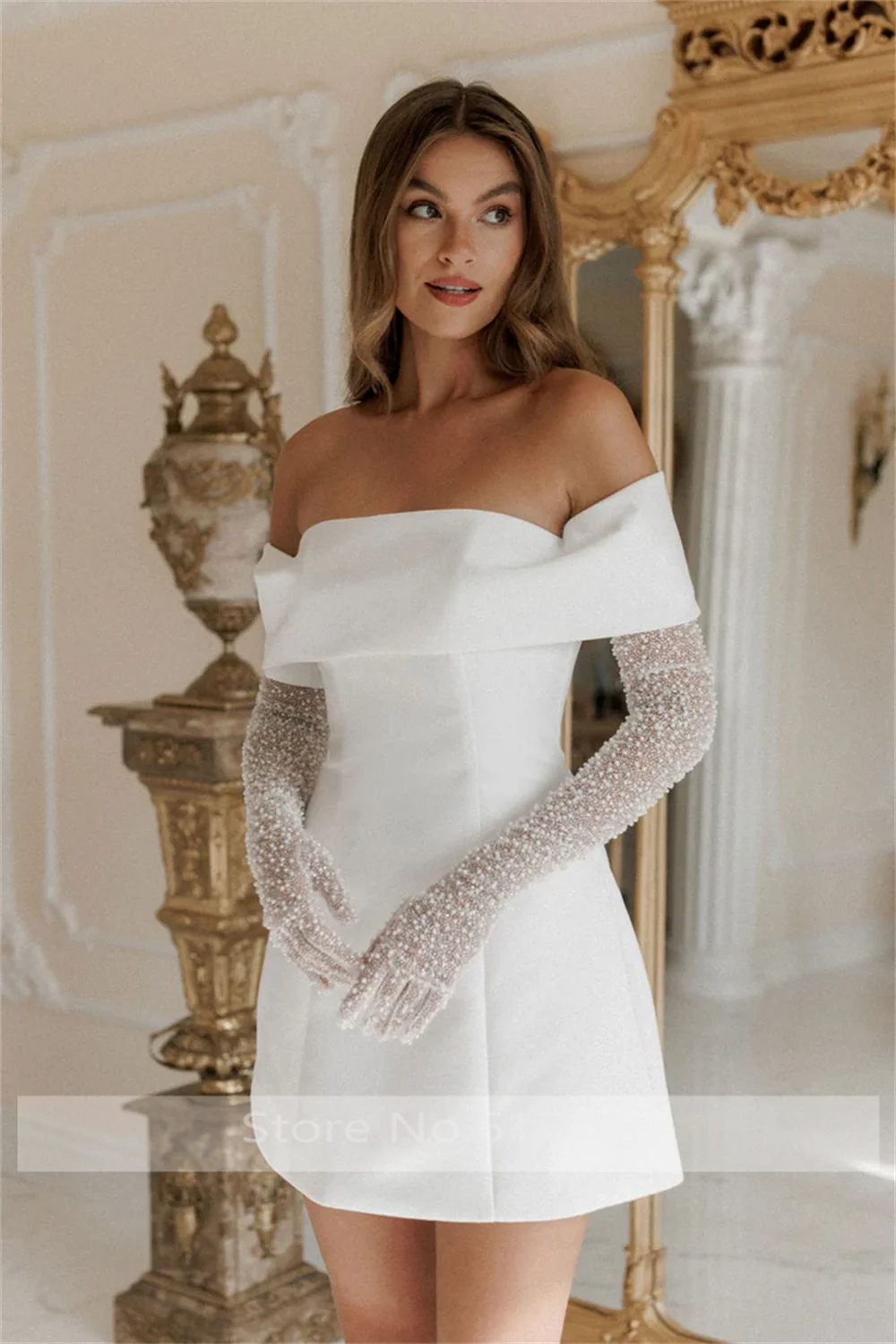 Fashion Boat Collar Satin Solid Short Mini Evening Prom Dress Backless Lace up Prom Bridal Gown with Sleeve Customized image 2