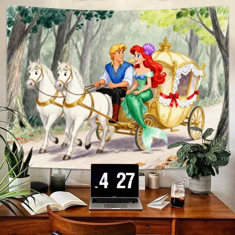 

1 шт. гобелен принцессы Диснея Ариэль и принц Эрик, романтическая лесная карета, настенное искусство, современный полиэстеровый домашний декор для девочек и детей