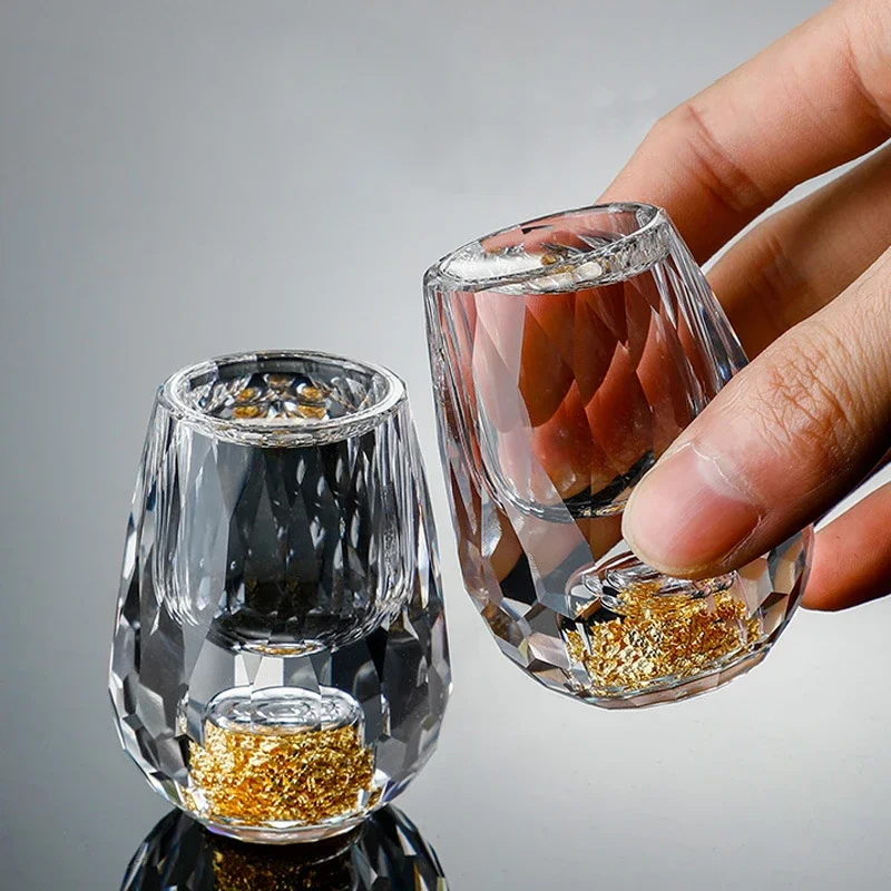 2pcs Creative Crystal Shot Glass 15ML Whisky Liquor Cups Double Bottom Gold Foil Cup for Tequila Liqueurs Party Collection Gift