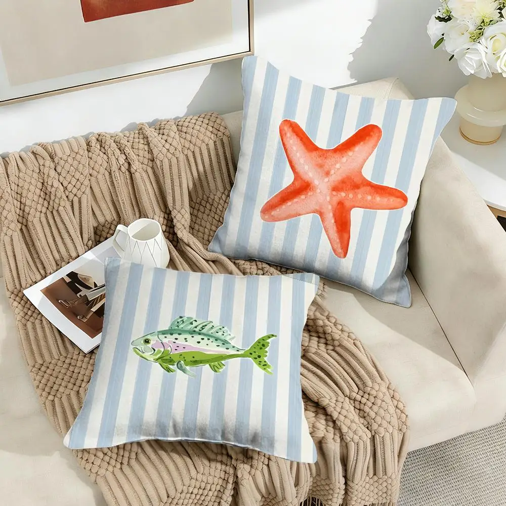 Simple Striped Marine Animals Cushion Cover Silky Short Plush Invisible Zipper Dustproof Sofa Pillow Case For Home Decor