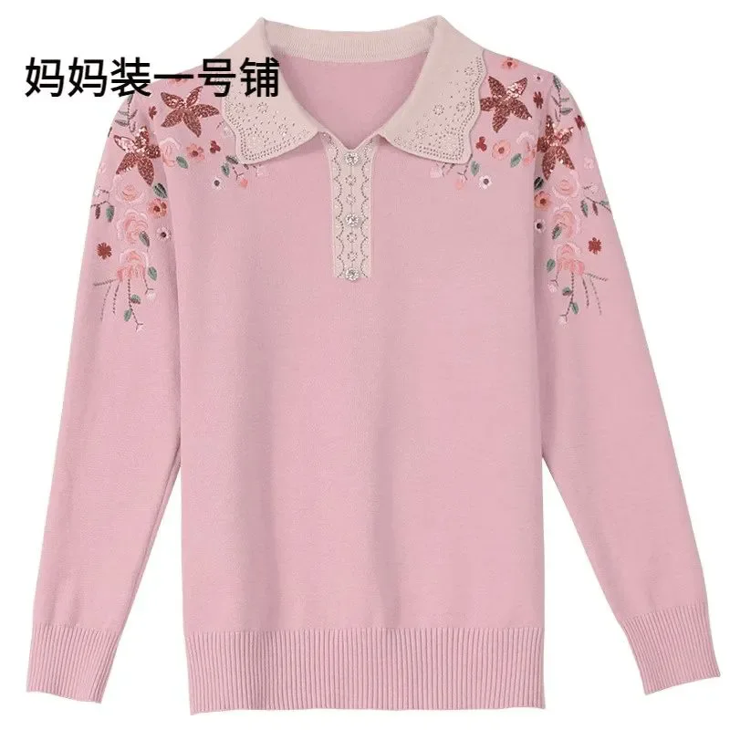 중년 여성 캐시미어 스웨터 가을 겨울 긴팔 라펠 니트웨어 여성 울 풀오버 우아한 자수 니트 점퍼