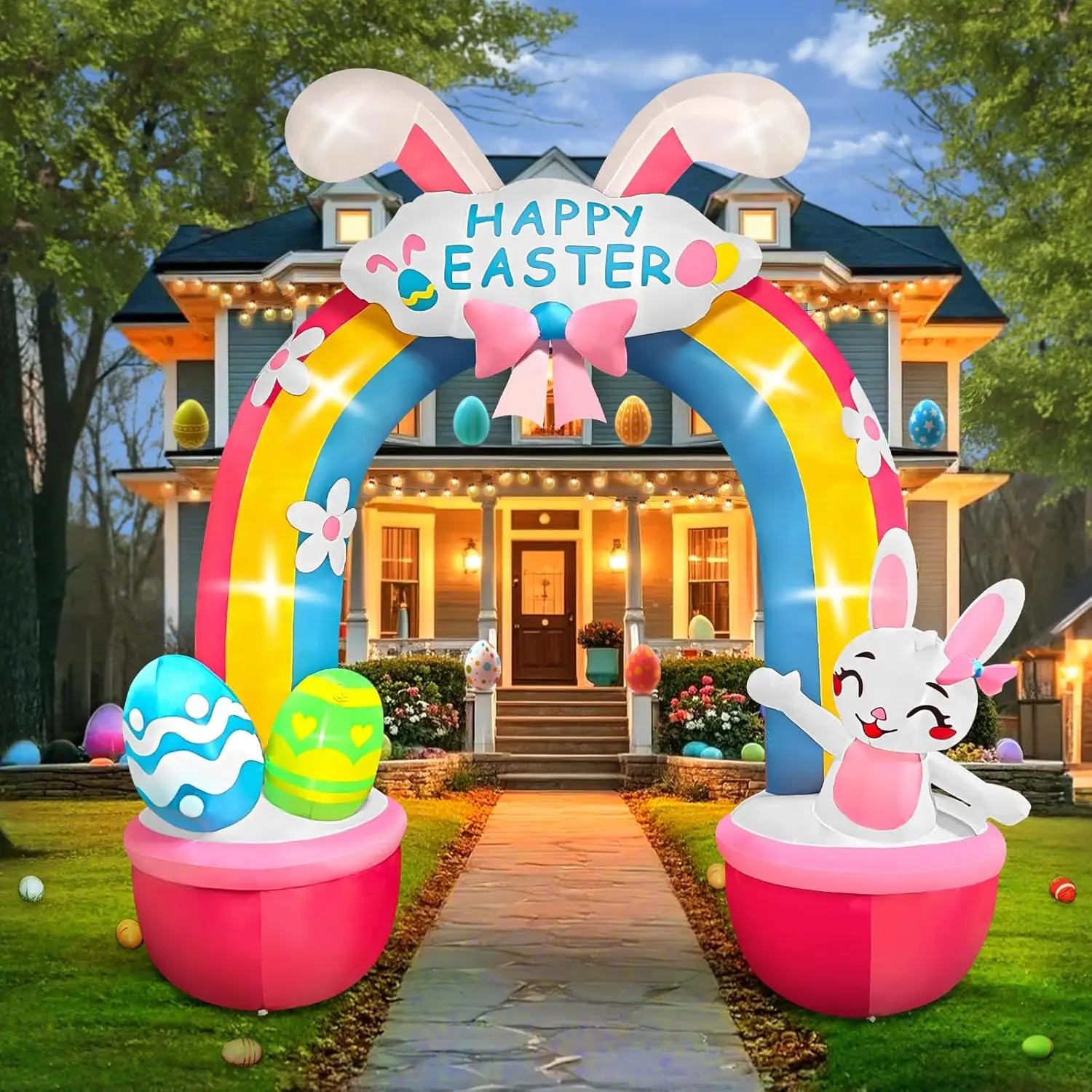 12 FT Easter Archway Inflatables Outdoor Decorations, Giant Bunny Rainbow Arch Inflatable with Build-in Lights Blow Up Yard Deco
