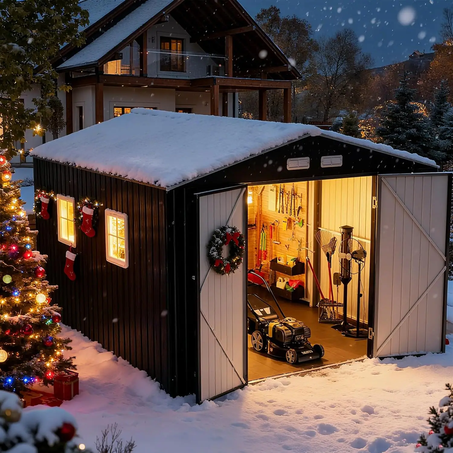 

12x10 FT Metal Storage Shed w/Floor, Heavy Duty Dual Transparent Roof, DIY Windows & Lockable Door, Tool Shed for Backyard