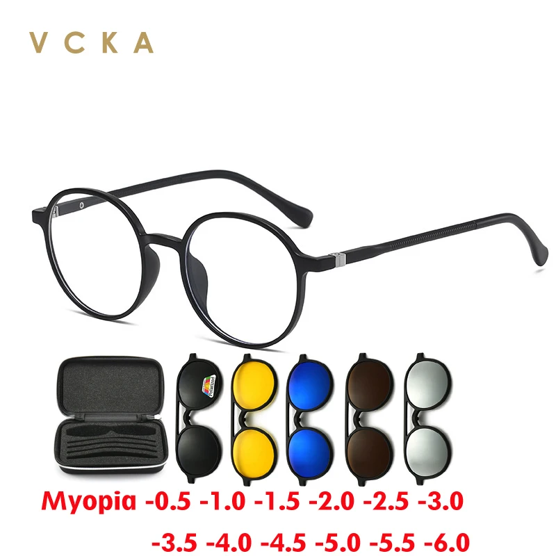 VCKA 6 in 1 Round Myopia Sunglasses Fashion Women Men Polarized Magnetic Clip Glasses Prescription Custom Eyewear -1.0 to -6.0