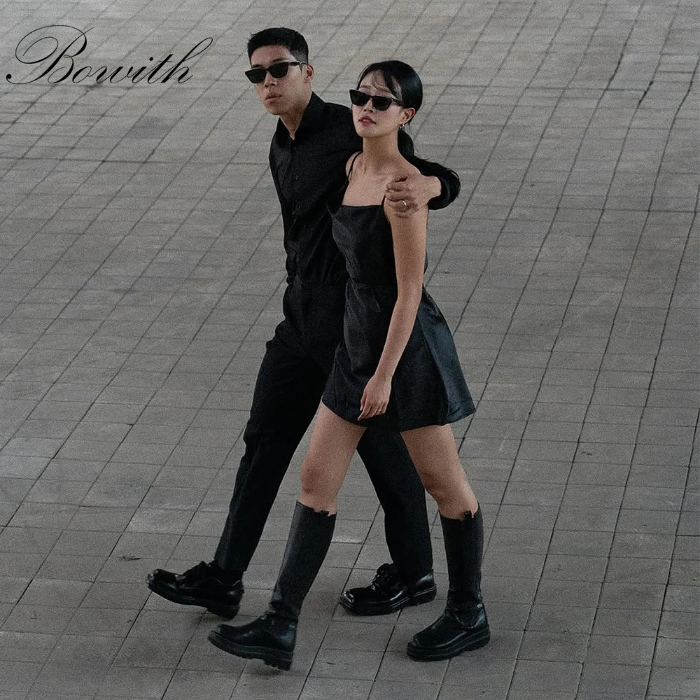 

Bowith Korean Evening Dresses Black Mini Party Dresses Customized Spaghetti Straps Prom Dresses Bridal Wedding Snap Dresses