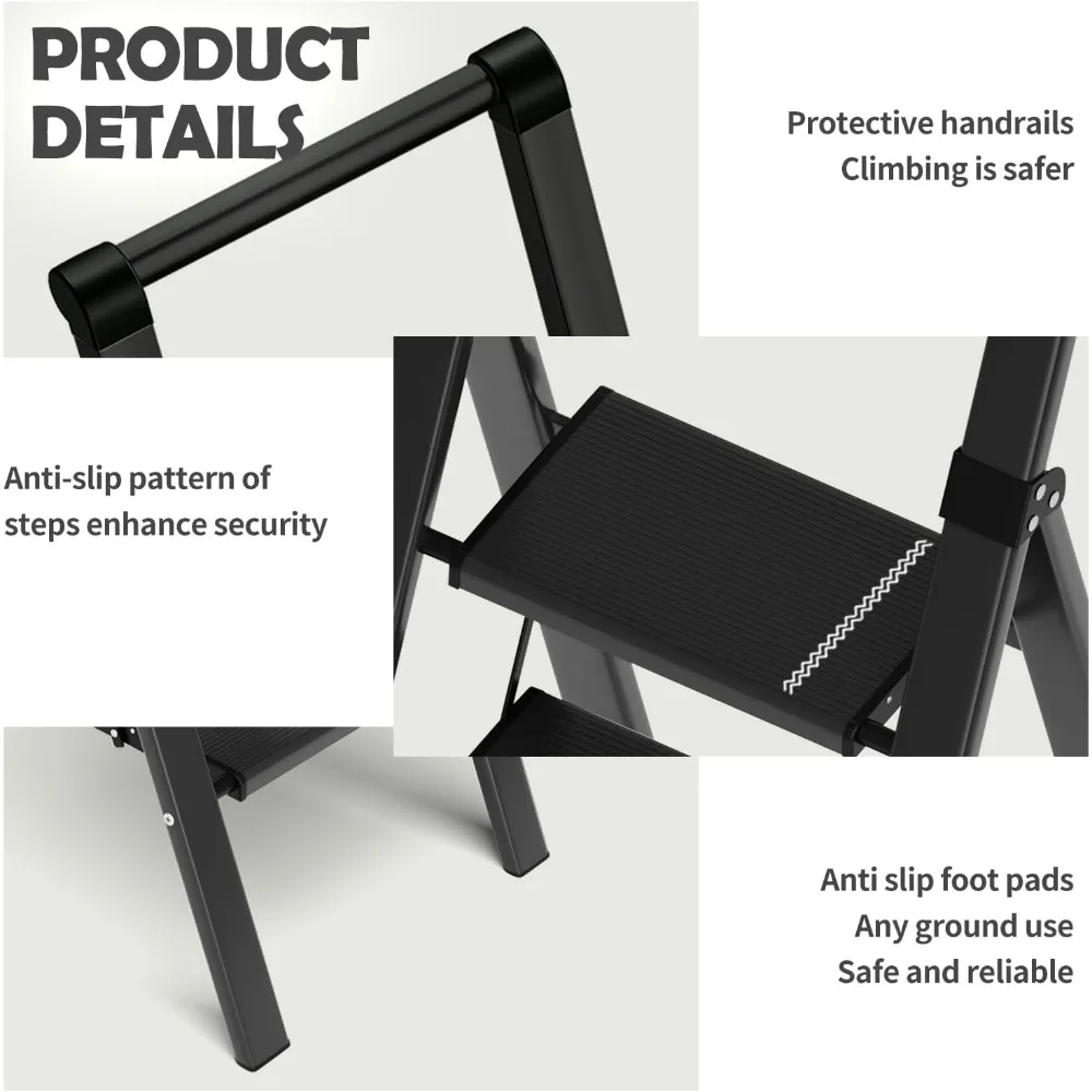 سلم ألومنيوم قابل للطي بثلاث خطوات، خفيف الوزن ومحمول مع مشاعل مضادة للانقسام، قبضة يد مريحة لسهولة الاستخدام والثبات