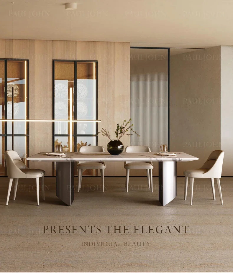 

Прямоугольный обеденный стол и стулья из натурального камня, минималистичный светлый роскошный мраморный обеденный стол