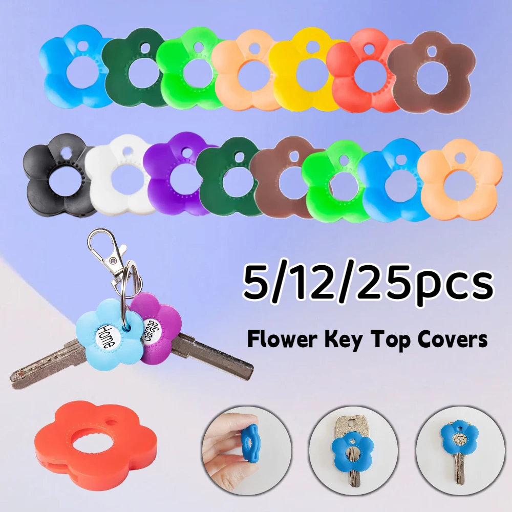 5/ 12/ 25pcs Silicone Key Cover Set with Labels- Stylish Flower Shape Keychain Covers, Suitable for Home, Office, Mailbox