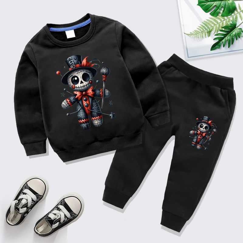 Horror Scarecrow Pattern Boys Girls Sweatshirt Gothic Halloween Round Neck Pullover Fashion Street Hoodie Matching Pants 2pc Set