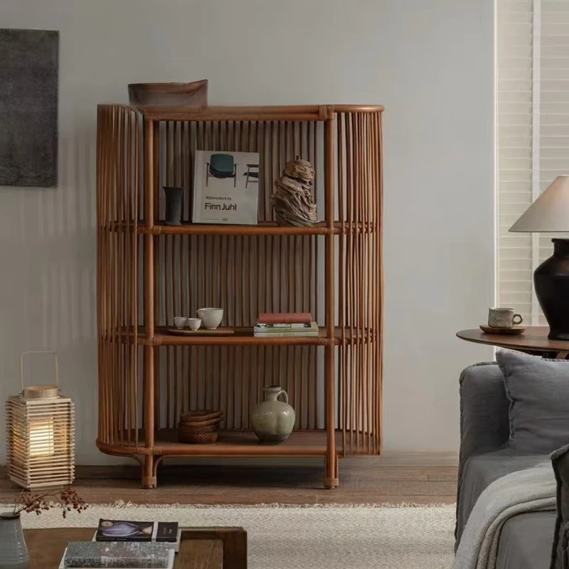 

South East Asia Rattan Art\ Nanyang Vintage Wabi Silent Wind Rattan Weaving Bogu Shelf Living Room Study Storage Bookshelf