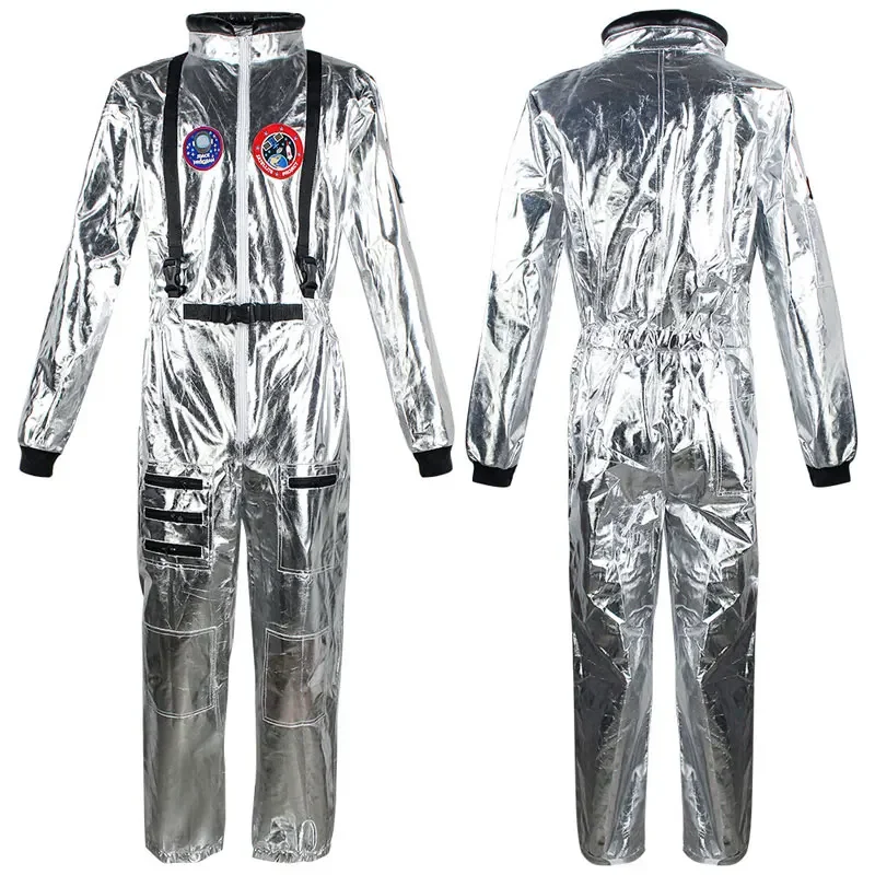 Adult Kids Astronaut Costume Space Costume Halloween Space Outfit Astronaut Silver Jumpsuit With Embroidered Patches and Pockets