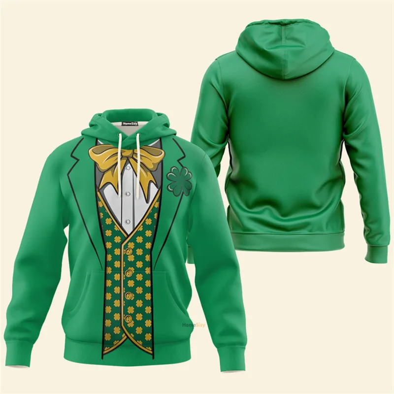 2025 St Patrick Day Hoodie For Men Lucky Green Color Hooded Coat Leprechaun Fake Lapel Print Graphic Streetwear Trend Hoodies