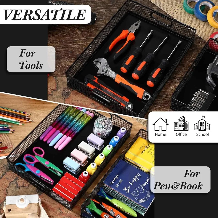 Tandefio 3 قطعة درج مكتب درج منظم شبكة معدنية صندوق تخزين مكتبي منظم الملفات مع مقبض المحمولة سلة تخزين كبيرة