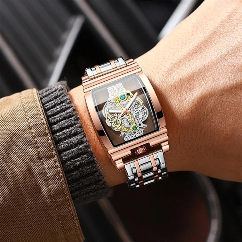 

Luxury fashionable motorcycle gear hollow dial square personalized design quartz waterproof men watch night light business style