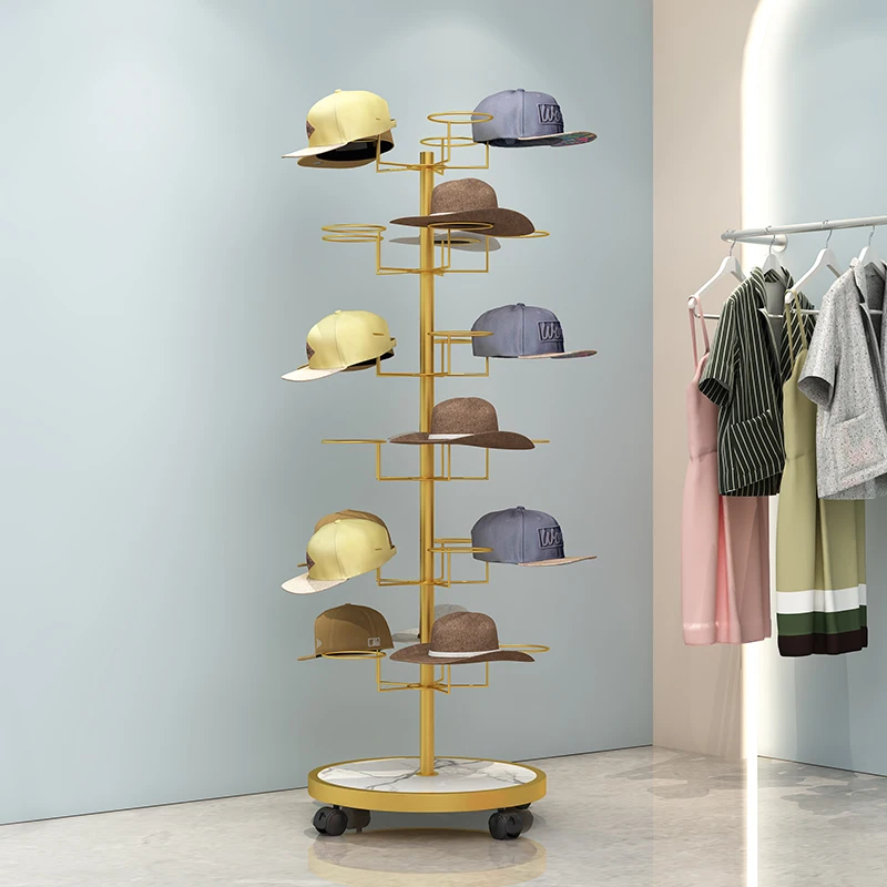 

Fashion Hat Display Stand Adjustable Floor Storage Rack for Caps Wig Movable Multi-Layer Metal Storage Stand with Wooden Base