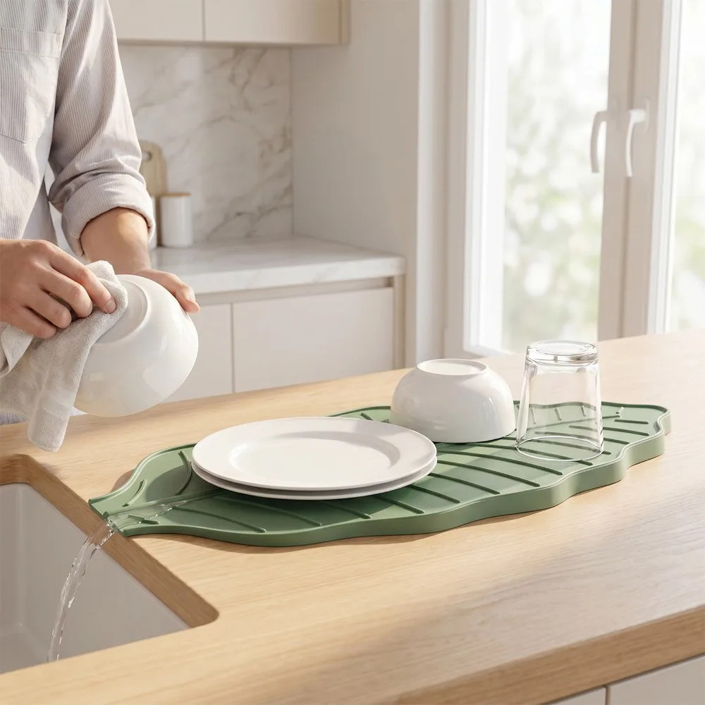 Silicone Leaf Shape Kitchen Dish Draining Mat Non-Slip Slop Design Sink Counter-top Mat Water Guide Groove Thickened