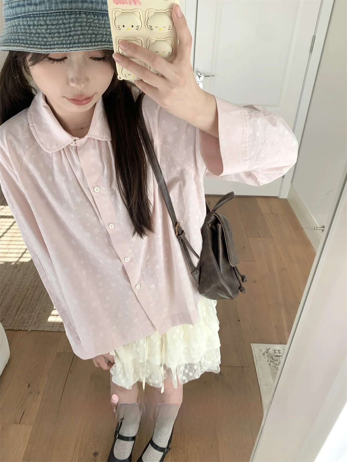 

TheDouerr Sweetheart Guiding Pink Floral Print Doll Collar Long Sleeve Women's Shirt Breathable Comfortable Loose Fit Spring