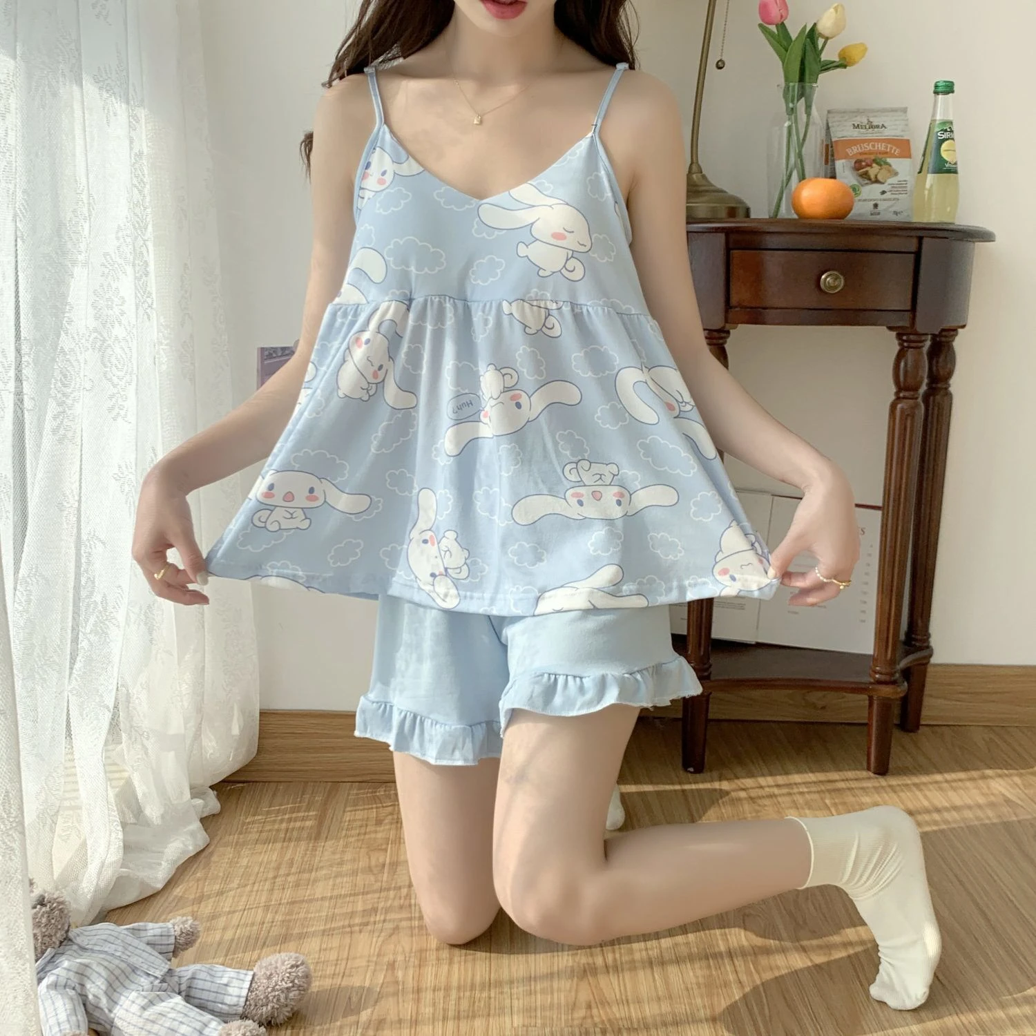 Cinnamoroll Blue Cute Spaghetti Strap 2 Pcs Summer Pjs Y2k Women's Summer New Korean Sweet Nightwear Set Home Casual Clothes