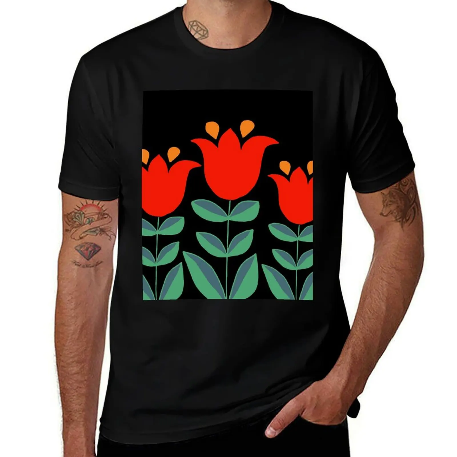 Retro tulips red T-Shirt summer clothes vintage clothes blacks kawaii clothes mens graphic t-shirts pack